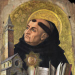 Thomas Aquinas holding a church and a book