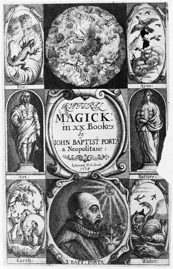 Title page and frontispiece to Natural magick by Giambattista della Porta